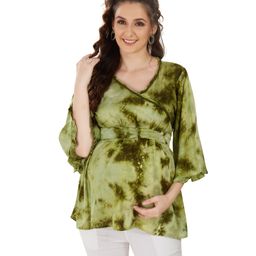 Mom for sure by Ketki Dalal Three Fourth SleevesMaternity & Nursing Tie Dye Top - Olive Green-image-37