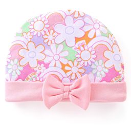 Babyhug 100% Cotton Knit Cap with Floral Print and Bow - Pink-image-67