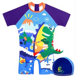 Little Surprise Box Half Sleeves Surfing Dinosaur Printed Swimsuit With Coordinating Swim Cap - Blue-image-58