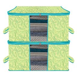 Kuber Industries Underbed Storage Bag   Clothes Storage Organizer  Blanket Cover with Clear Window  Zipper Closure & Handle Cloth Organizer  Leaf-Design  Large  Pack of 2  Green-18