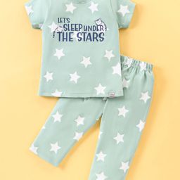 Teddy Sinker Knit Half Sleeves Night Suit With Star Print - Green-picture-1