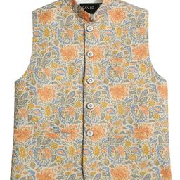 CAVIO Sleeveless FloralPrintedCotton Nehru Jacket - Orange-image-5