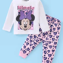 Babyhug Disney Single Jersey Knit Full Sleeves Night Suit with Minnie Mouse Graphics - White & Purple-picture-20
