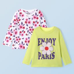 Honeyhap Premium 100% Cotton Knit Full Sleeves Floral & Text Printed Tops Pack of 2 - Sunny Lime & Bright White-image-78