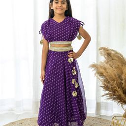 Fairies Forever Half Sleeves Bandhej Gota Lace Embellished Lehenga Set - Purple-image-14