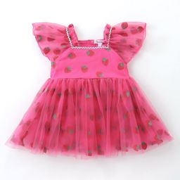 Mark & Mia Half Sleeves Strawberry Printed Party Frock Style Onesie with Lace Detailing - Fuschia-image-69