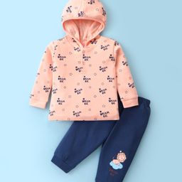 Tango Interlock Knit Full Sleeves Hooded Night Suit With Text & Animal Print - Peach-image-60