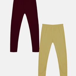 Kiddopanti Pack Of 2 Solid Leggings - Maroon & Beige-image-94