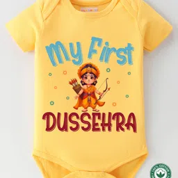 BLUSHES Dussehra Theme 100% Cotton Half Sleeves My First Dussehra Printed Onesie - Yellow-picture-13