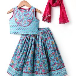 Babyhug Cotton Woven Sleeveless Cambric Printed Lehenga Choli & Dupatta Set - Light Blue-image-7