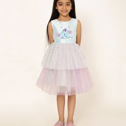 A Little Fable Sleeveless Mermaid Printed & Flora Applique Detailed Dress - Sky Blue & Lavender-image-1