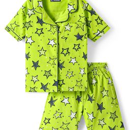Pine Kids Single Jersey Knit Half Sleeves Front Open Shirt & Shorts Set with Star Print - Neon Green-image-79