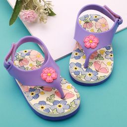 Babyoye Velcro Closure Flip Flops With Floral Applique - Purple & Pink-image-41
