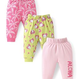 Doodle Poodle Cotton Knit Full Length Lounge Pant with Bear & Trees Print Pack of 3 - Pink & Lime Green-image-87