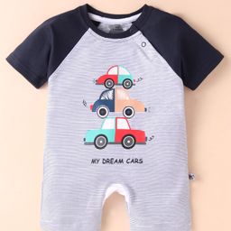 Mini Taurus Cotton Half Sleeves Romper with Stripes & Vehicle Print - Blue-image-56