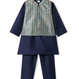 Babyhug Woven Full Sleeves Kurta Pyjama With Glitter Printed Jacket - Navy Blue-image-48