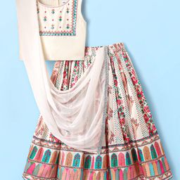 Babyoye Woven Sleeveless Choli Lehenga Set with Dupatta & Floral Print Embroidery - Offwhite-image-47