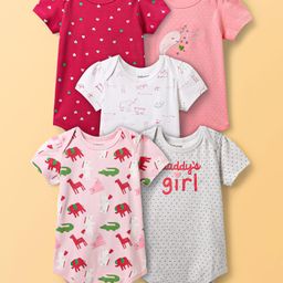 Babyoye 100% Cotton Knit Half Sleeves Onesies with Polka Dots & Animal Print Pack of 5 - Multicolor-image-63