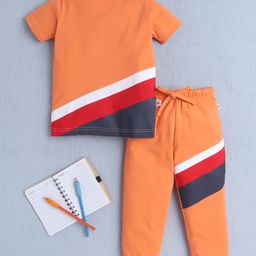 BUMZEE Cotton Half Sleeves Striped Tee & Coordinating Joggers Set - Orange-image-16
