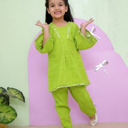 AATYA by Shruti Agarwal Cotton Half Bell Sleeves Mirror Work Embellished Kurta With Pant - Green-image-10