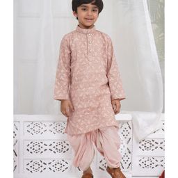 Little Bansi Cotton Woven Full Sleeves Leaves Embroidered & Pearls Embellished Kurta & Dhoti Set - Mocha Brown-image-66