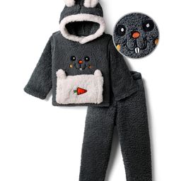 Mark & Mia Fur Knit Full Sleeves Winter Wear Hooded Sweatshirt & Lounge Pant Set With Bunny Embroidery & Pocket Detailing - Charcoal Grey-picture-12