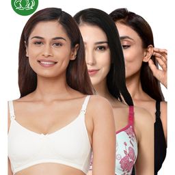 Inner Sense Organic Cotton Knit Pack of 3 Solid & Floral Printed Antimicrobial Maternity Bras With Nursing Access - Multi Colour-picture-24