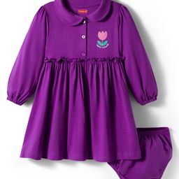 Babyhug Single Jersey Woven Full Sleeves Frock With Bloomer & Floral Print - Purple-picture-3