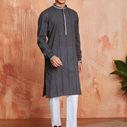 VASTRAMAY Striped Mandarin Collar Jacquard Weave Straight Kurta with Pyjamas-picture-43