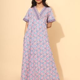 YELLOW BLOOM Women Floral Printed V-Neck Pure Cotton Maxi Nightdress-image-67
