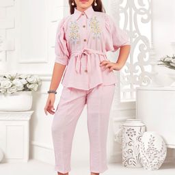 Lei-Chie Girls Embroidered Shirt Collar Linen Top With Trousers-image-68