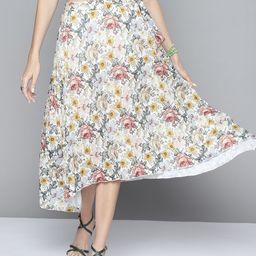 SASSAFRAS Women Off-White & Green Floral Accordion Pleated Asymmetric Skirt-picture-21