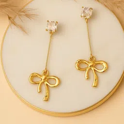 Haute Handles Stainless Steel Cubic Zirconia Studded Bow Shaped Drop Earrings-picture-31