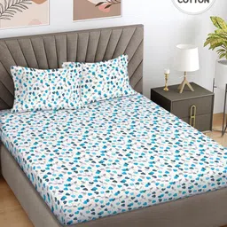 FABINALIV White & Blue Floral Printed 300 TC Cotton King Bedsheet Set 2.50 m x 2.25 m-16