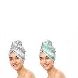 HOUSSE Green & Grey 2 Pieces Printed 300 GSM Microfiber Head Towels-image-86
