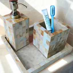 THE HOME CO. Blue & Beige 3 piece Abstract Wood Bath Accessories Set-image-51