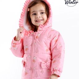 Babyoye Full Sleeves Hooded Jacket with Bear Print & Bow Applique - Pink-image-53
