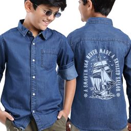 Arias Cotton Woven Stretch Full Sleeves Dark Wash Denim Shirt With Back  Placement Boat Print  - Blue-image-31