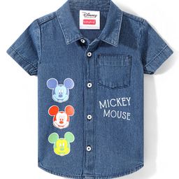 Babyhug Disney Denim Woven Half Sleeves Shirt with Mickey Mouse Graphics - Blue-image-62