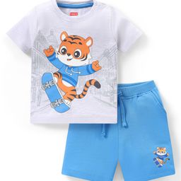 Babyhug Single Jersey Knit Half Sleeves T-Shirt & Shorts Set with Tiger Print - White & Blue-image-7