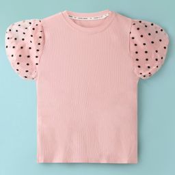 Kookie Kids Half Puffed Sleeves Polka Dots Printed Ribbed Top - Pink-image-2