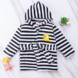 Babyhug Cotton Terry Knit Full Sleeves Striped  Hooded Bath Robe with Car Embroidery - White & Black-image-93