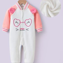 Kookie Kids Full Raglan Sleeves Animal Printed Winter Romper - White & Pink-picture-27