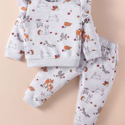 ToffyHouse Cotton Knitt Full Sleeves Frill Detailing Winter Wear T-Shirt & Lounge Pant Set With Animal Print - Grey-image-70