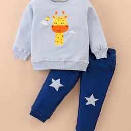 Kookie Kids Fleece Knit Full Sleeves Full Sleeves Winter Wear Suit With Giraffe Print & Ears Detailing - Sky Blue & Navy-image-37