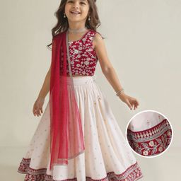 Babyhug Woven Sleeveless Floral Sequin  Embroidered Choli with Brocade Lehenga & Dupatta Set - Red & Off White-picture-5