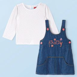 Babyhug Cotton Woven Full Sleeves Polka Dots Printed T-Shirt & Floral Embroidered Frock with Pocket - Navy Blue-image-76