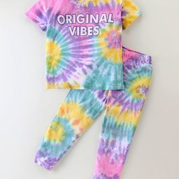 Unicorns Cotton Half Sleeves Text Printed Tie Dye Coordinating Tee & Pajama Set - Multi Colour-image-93