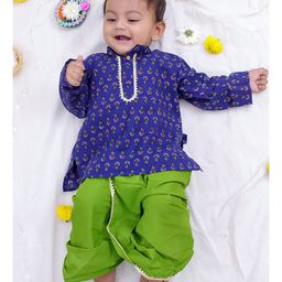 KID1 Cotton Full Sleeves Floral Printed & Samosa Lace Embellished Kurta Dhoti - Blue-picture-4