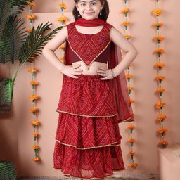 NEUDIS Georgette Sleeveless Bandhani Printed & Lace Embellished Lehenga Choli With Dupatta Set - Maroon-image-64